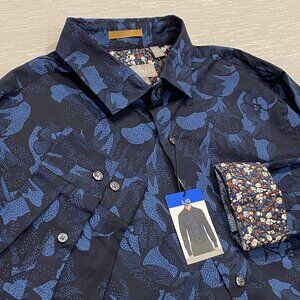 Ted Baker Dress Shirt Mens Large Blue Black Floral Print Long Sleeve